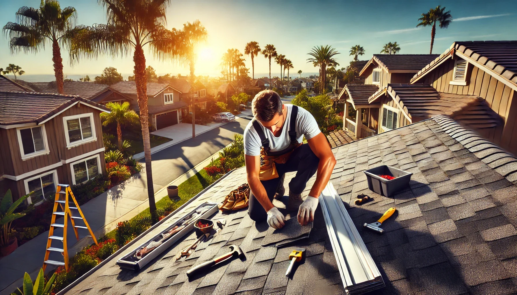 Roofing contractor at work on a San Diego roof