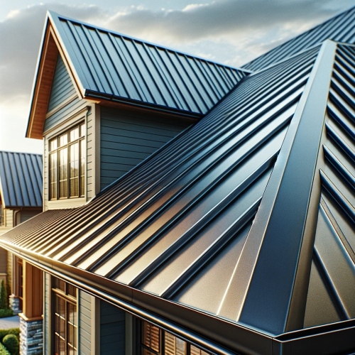 "Close-up of a durable and stylish metal roof on a suburban home, with a focus on the texture and color of the panels."
