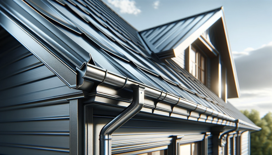  Close-up of a house's metal roof and gutters, highlighting the texture and quality of the materials.