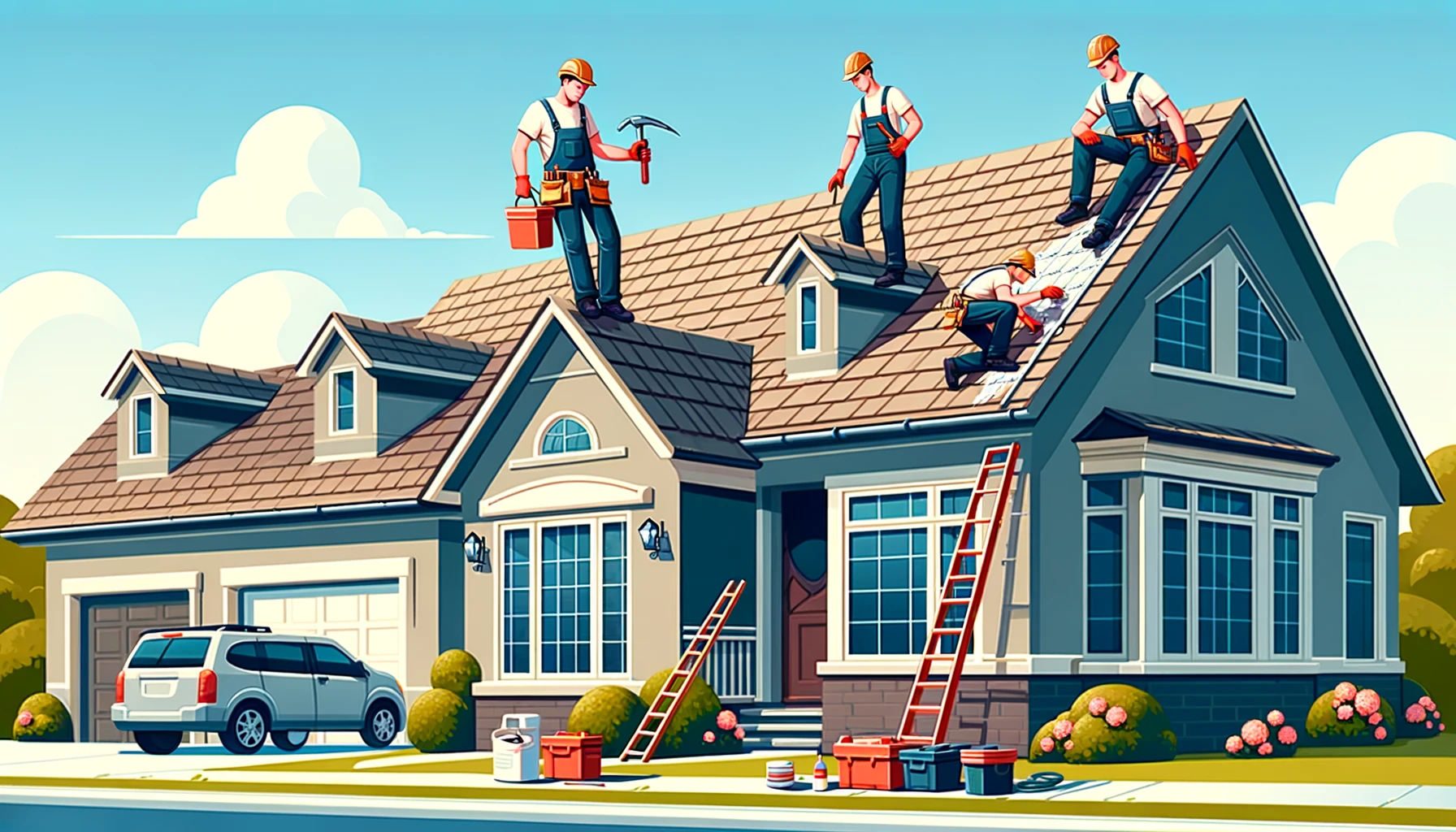A team of roof repair specialists working on a residential house.