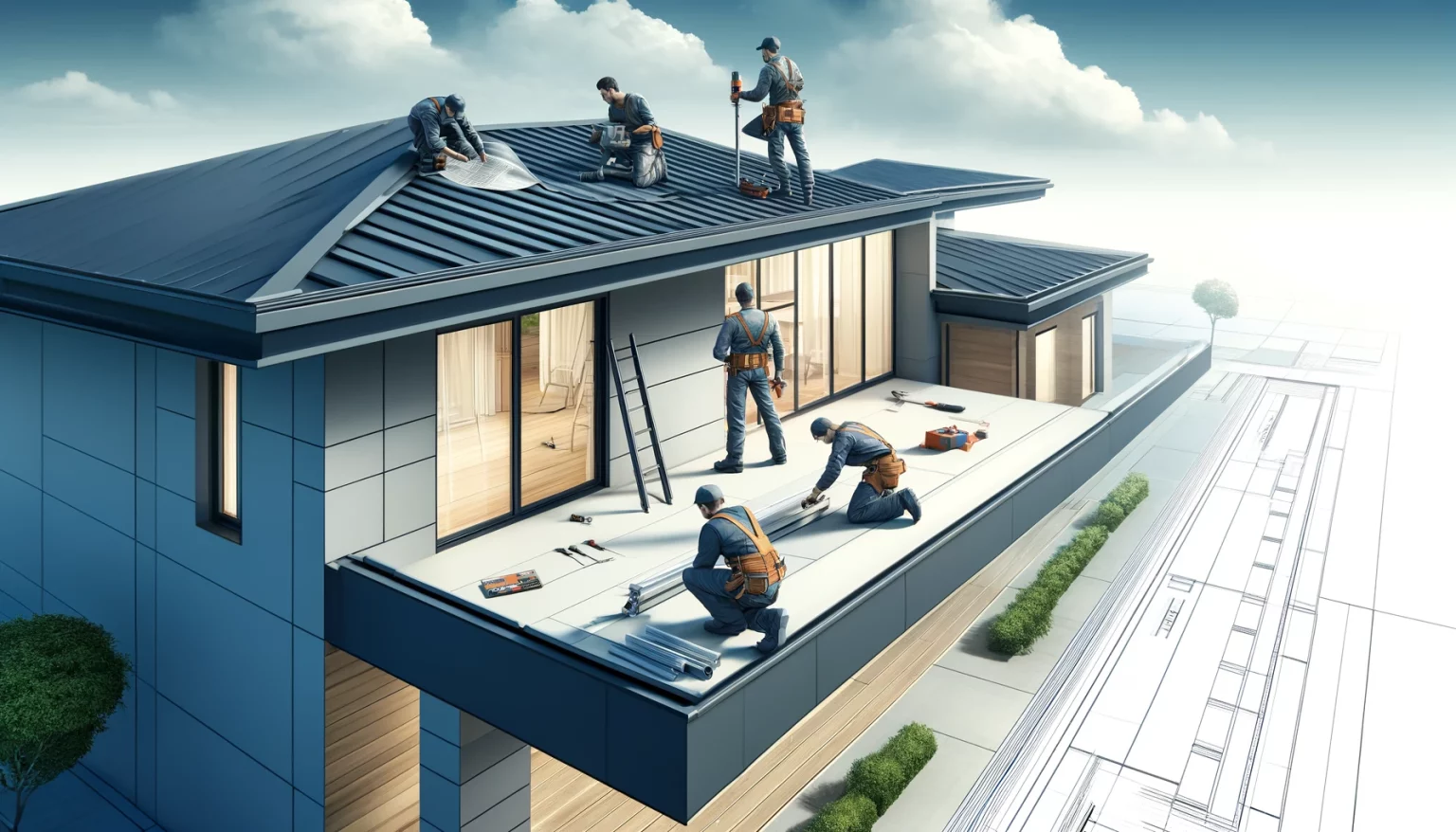 Roof repair specialists efficiently working on a modern house.
